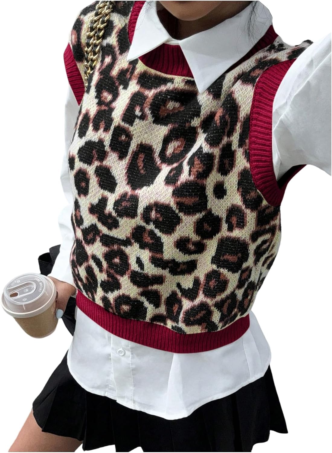 SweatyRocks Women's Fall Leopard Print Color Block Sweater Vest Crop Knit Sleeveless Pullover Sweater