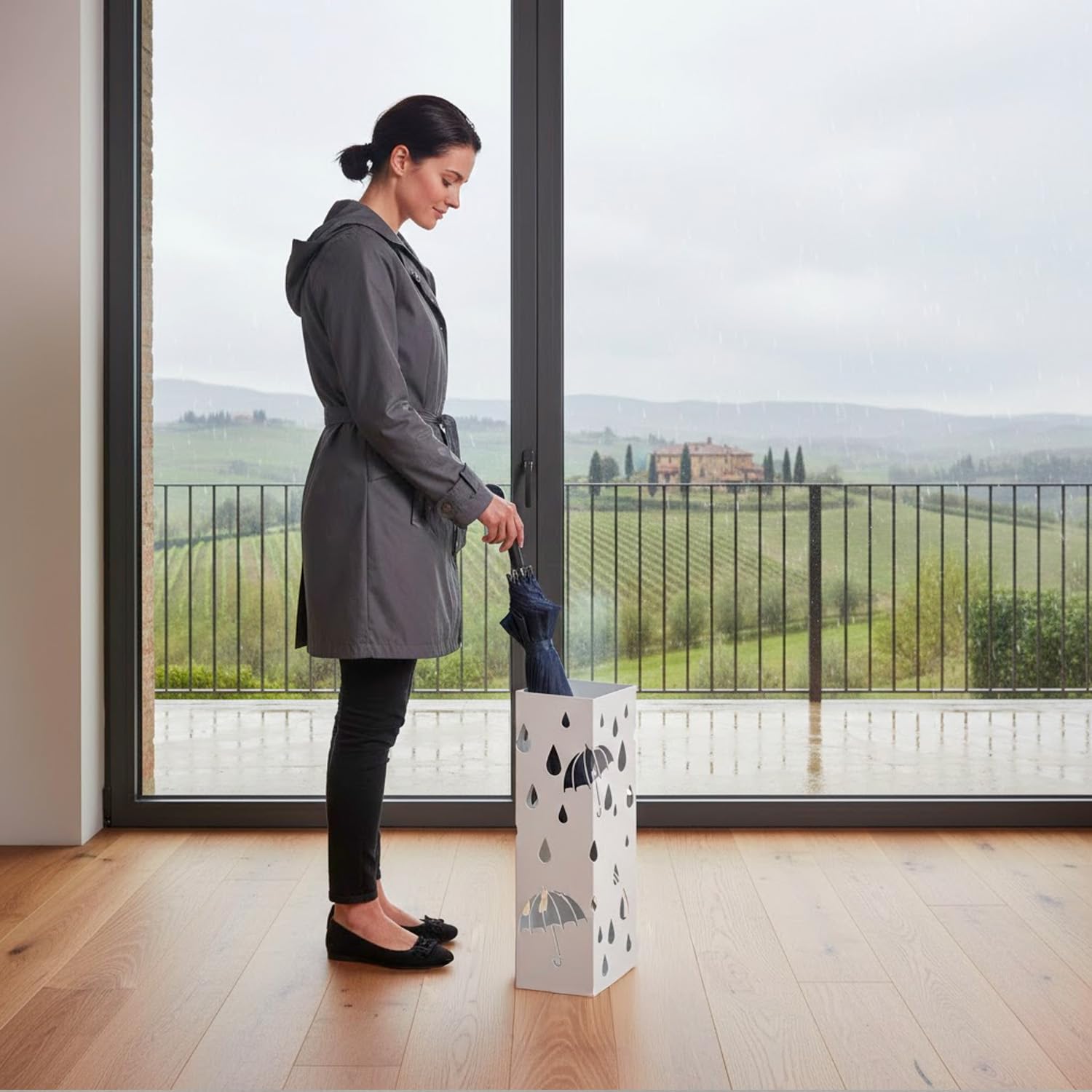 Arreditaly Portaombrelli In Acciaio Zincato Con Vaschetta Scolapioggia E 4 Ganci Removibili Base Antiscivolo Design Moderno Per Ingresso Casa e Ufficio 49 x 15.5 x 15.5 Cm (Bianco)