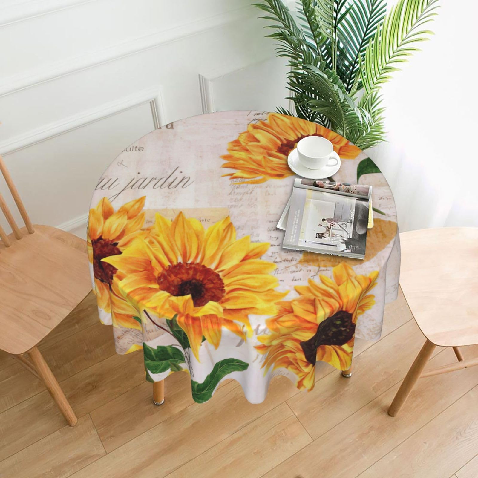 SDEGTHO Sunflower Print Modern Retro Round Tablecloth 60in Polyester Fabric Cover for Party Dining Table Washable