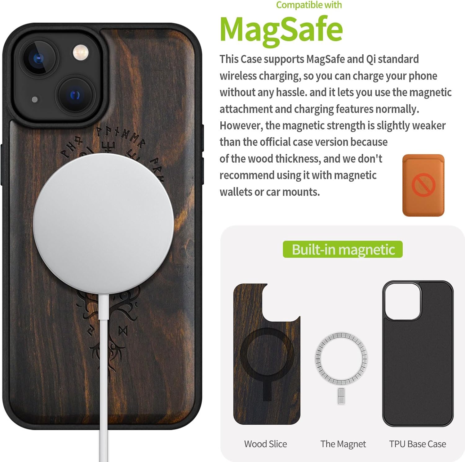 Carveit Magnetic Wooden Case for iPhone 15 Case, Compatible with MagSafe Wireless Chargers, Black Soft TPU Shockproof Cover & Wood Artisan Engraved (Viking Compass Vegvisir) - Blackwood