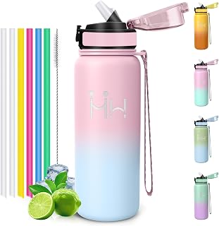 Motswedi Trinkflasche Edelstahl 750ml, mit Strohhalm, Thermosflasche, Warm & Kalt Halten, Trinkflasche Edelstahl, Isolierflasche, Auslaufsicher, für Camping, Büro, Gym, Fahrrad, Rosa&Himmelblau