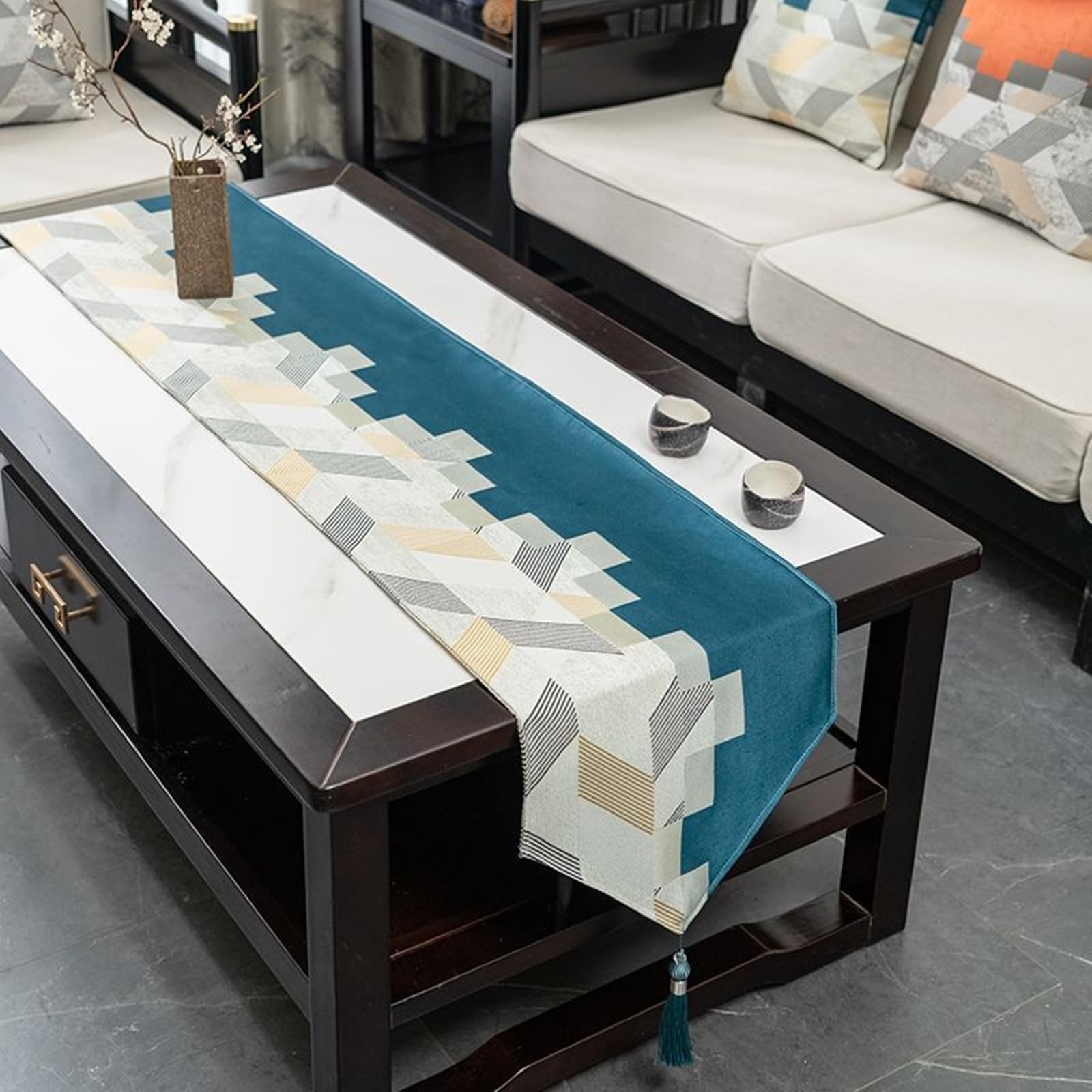 Tischläufer Polyester Wohnzimmer, Tischläufer Modern 33x160 cm, Geometrisches Muster Orientalisch mit Quasten