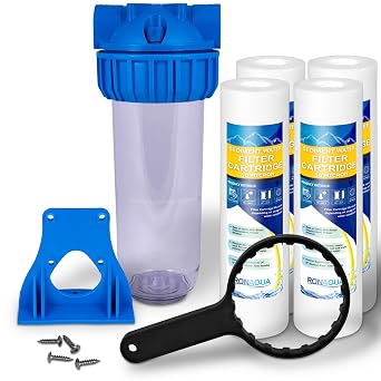 10 Inches Transparent Standard Whole House Water Filter System with Presser Relief Valve, 3/4 Inlet/Outlet Brass Port and Yearly Supply 4 Sediment Cartridges 50 Micron