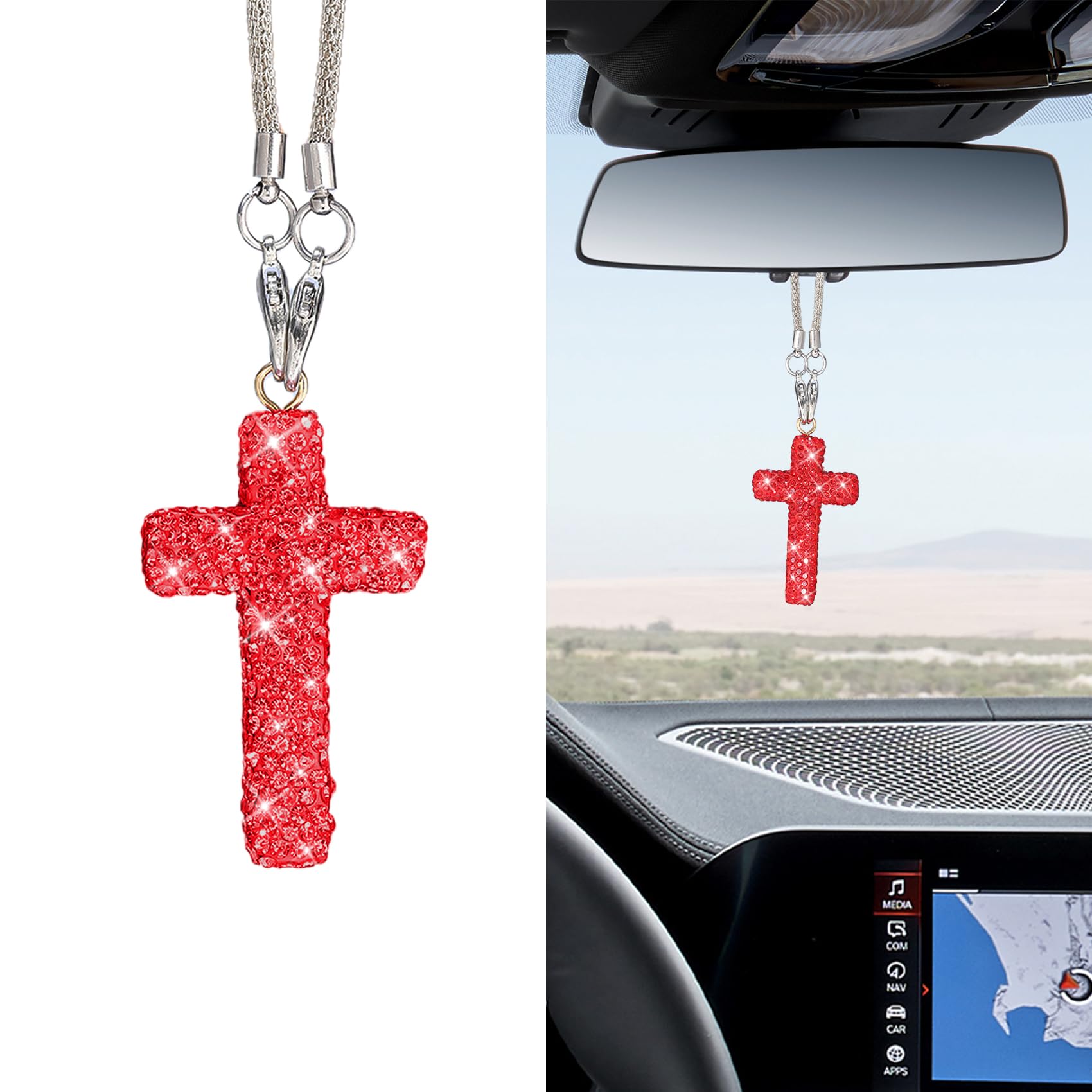 Bling Car Hanging Ornament, Car Mirror Hanging Accessories, Cross Crystal Rhinestone Vehicle Rear View Mirror Pendant, Crystal Auto Rear View Mirror Charms Decoration for Women Girls (Red)