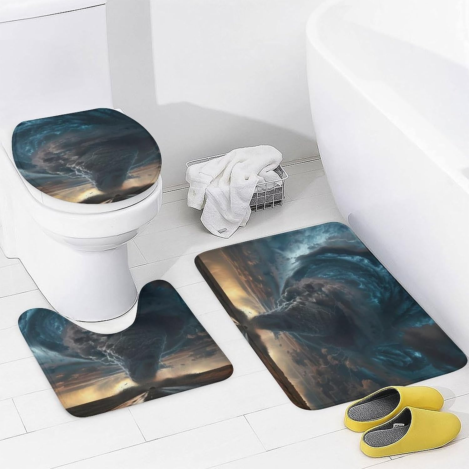 Tornado Natural Disaster Bathroom Sets 4 Pcs Shower Curtain Sets with Rugs, Toilet Lid Cover and Bath Mat with 12 Hooks image 4