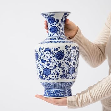13 Inch Blue and White Porcelain Vase, Big Art Decor Vase