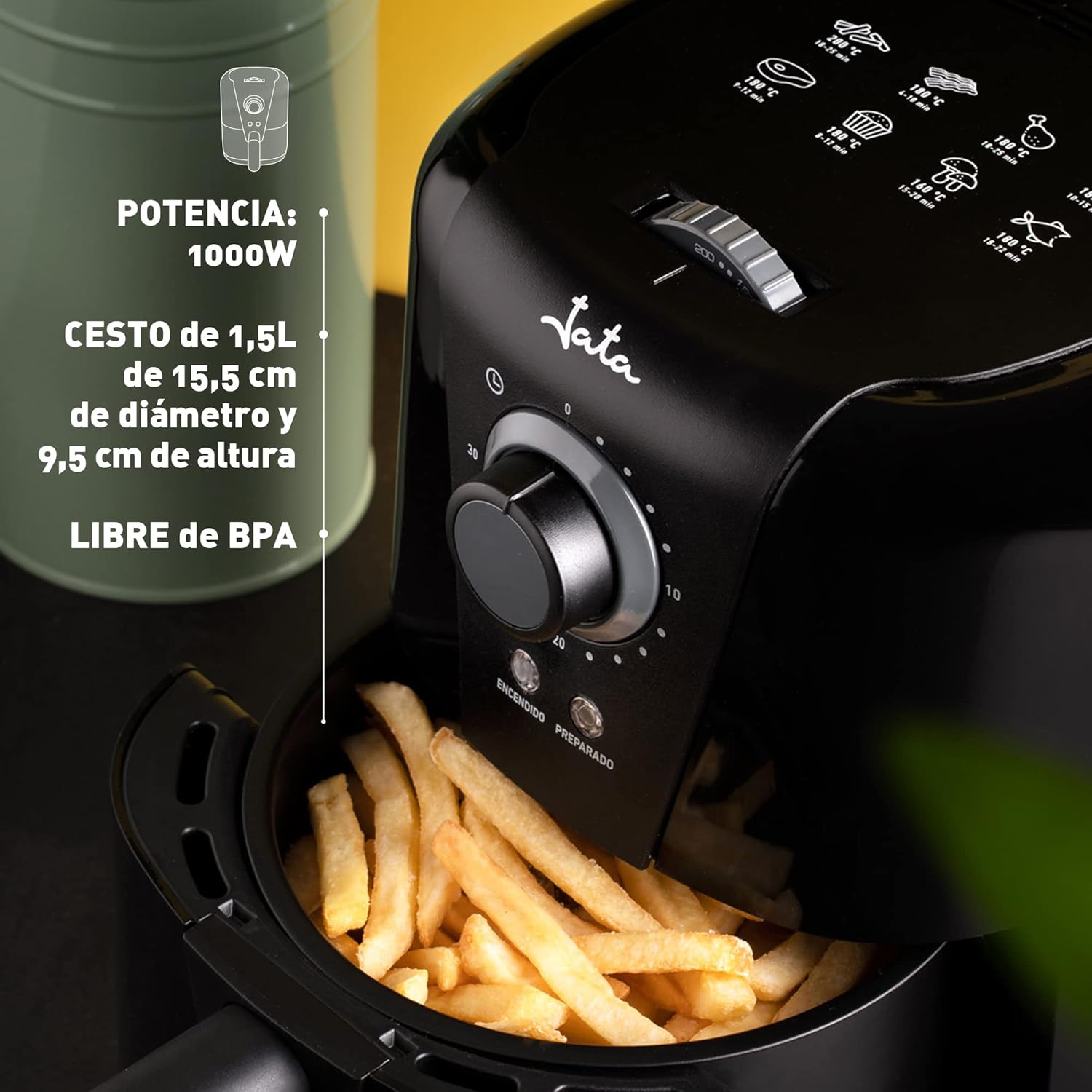 Jata JEFR1221 - Friggitrice senza olio con cestello da 1,5 l, temperatura da 80 a 200°, cestello antiaderente e lavabile in lavastoviglie, Timer da 30 minuti, design compatto, colore: nero Jata JEFR1221 - Friggitrice senza olio con cestello da 1,5 l, temperatura da 80 a 200°, cestello antiaderente e lavabile in lavastoviglie, Timer da 30 minuti, design compatto, colore: nero