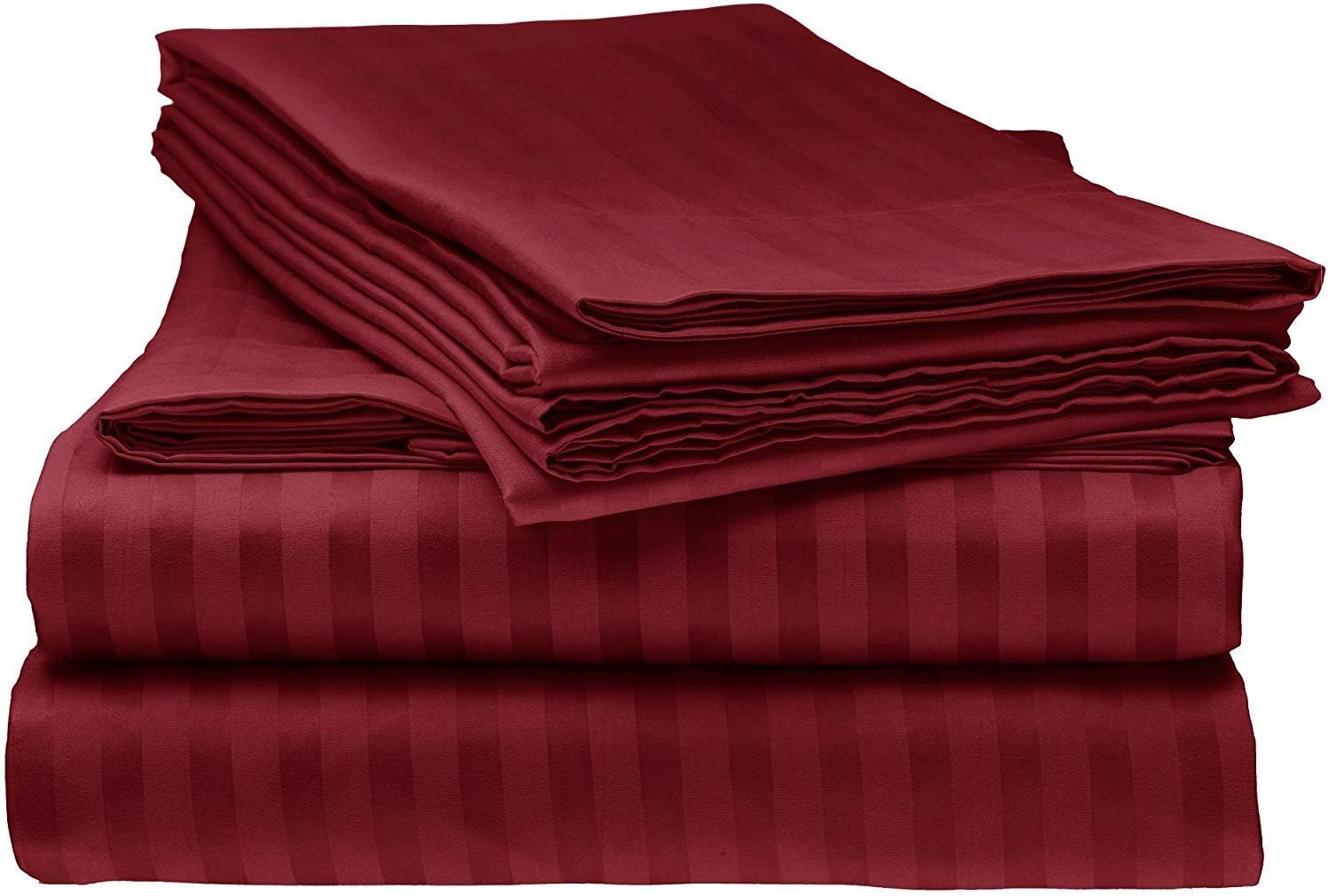 600 Thread Count Luxury Soft Egyptian Cotton 6-Piece Bed Sheet Set (1 Fitted, 1 Flat, 4 Pillowcase) Fits Upto 21-24” Deep Pocket (Queen Size, Burgundy Color) Stripe Pattern