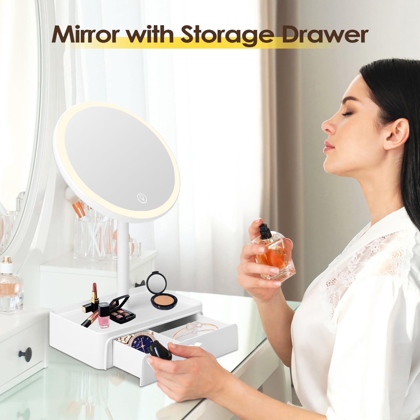 Cuteefun Miroir sur Pied Maquillage, Miroir Grossissant 5X avec Tiroir, 3 Couleurs de Lumière, Luminosité Réglable, Rechargeable par USB, Idéal pour Chambre à Coucher, Coiffeuse, Salle de Bain, Blanc