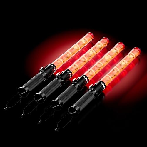 Paquete de 4 varitas de tráfico, varitas rojas de control de tráfico aéreo de 16 pulgadas, bastón LED de seguridad de tráfico con 3 modos