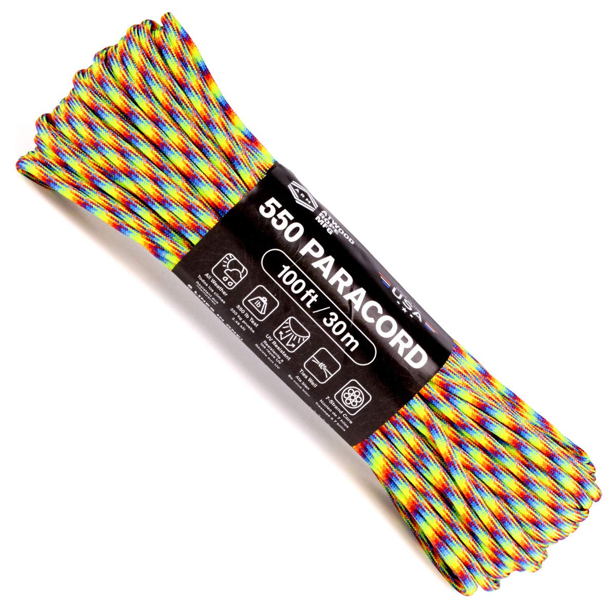 Atwood Rope MFG 550 Paracord 100 Feet 7-Strand Core Nylon Parachute Cord Outside Survival Gear Made in USA | Lanyards, Bracelets, Handle Wraps, Keychain (Trippin)