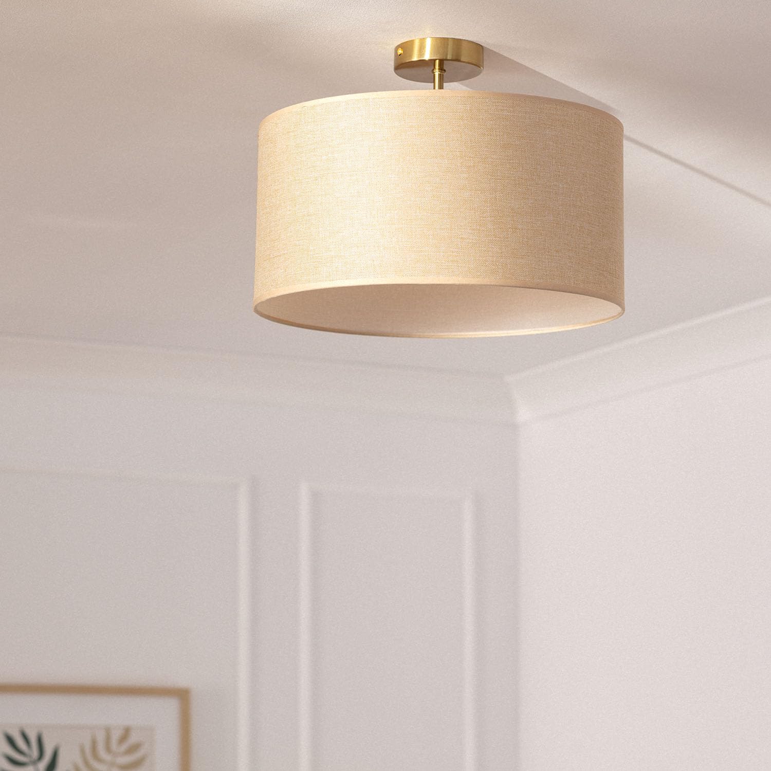 LEDKIA LIGHTING - Lámpara de Techo Quitón | Metal y Tela | Estilo Vintage | Compatible con Bombilla E27 | Acabado Dorado Satinado | Para Salón, Comedor, Dormitorio, Beige, Textil, Metal