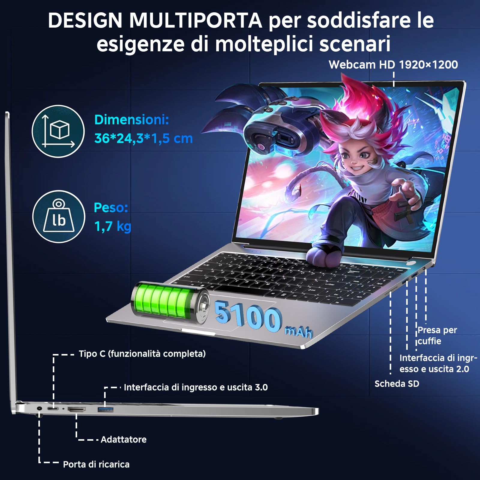 bvate PC Portatile Gaming 16" Core i3 16GB RAM SSD Espandibile Argento | Schermo IPS 1920×1200 FHD+, CPU fino a 3,2GHz, 5G WiFi, Mouse e adesivi tastiera italiana inclusi