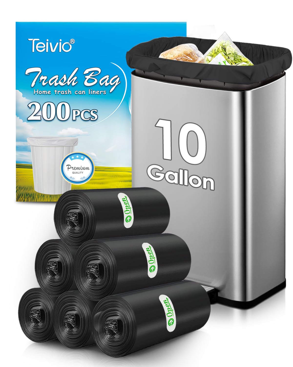 10 Gallon 200 Counts Extra Strong Trash Bags Tall Kitchen Garbage Bags by Teivio, 9 Gallon 10 Gallon,Bathroom Trash Can Bin Liners, Intended for Home,Plastic Bags for office kitchen Garden,Black