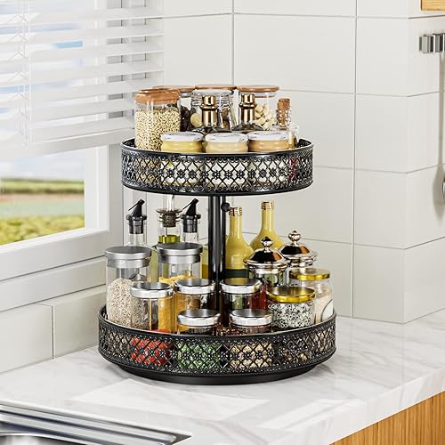 Miniatura 9 de Organizador Lazy Susan de 2 niveles - Estante giratorio para especias de 12 pulgadas. Lazy Susan ajustable de metal giratorio para gabinete,