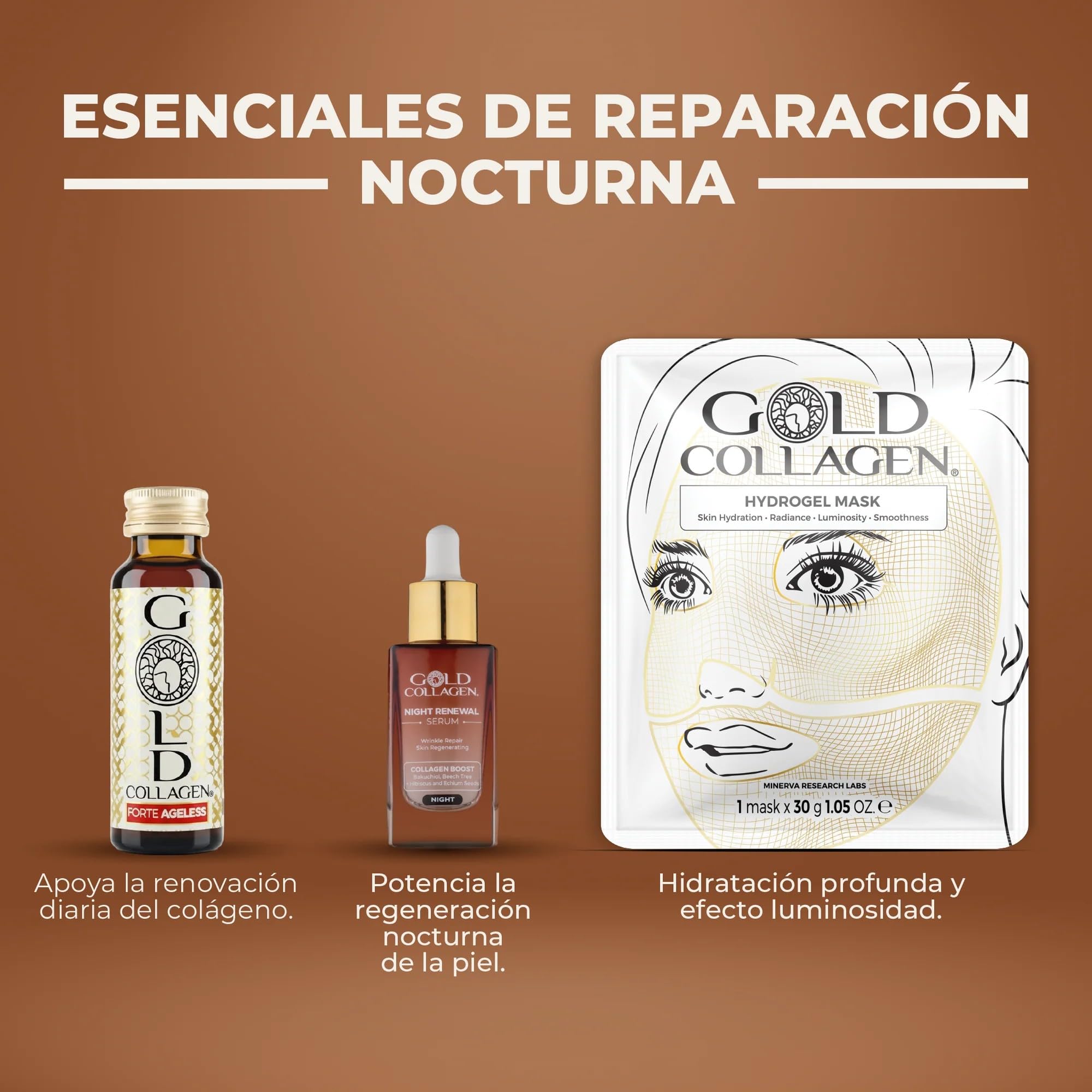 GOLD COLLAGEN Forte Ageless - Complemento Colágeno Marino Hidrolizado (12gr) con Ácido Hialurónico Antiarrugas, Pro Retinol, Vitamina C, D, Biotina, Coenzima Q10, Elastina Reduce Líneas Finas, 10x50ml