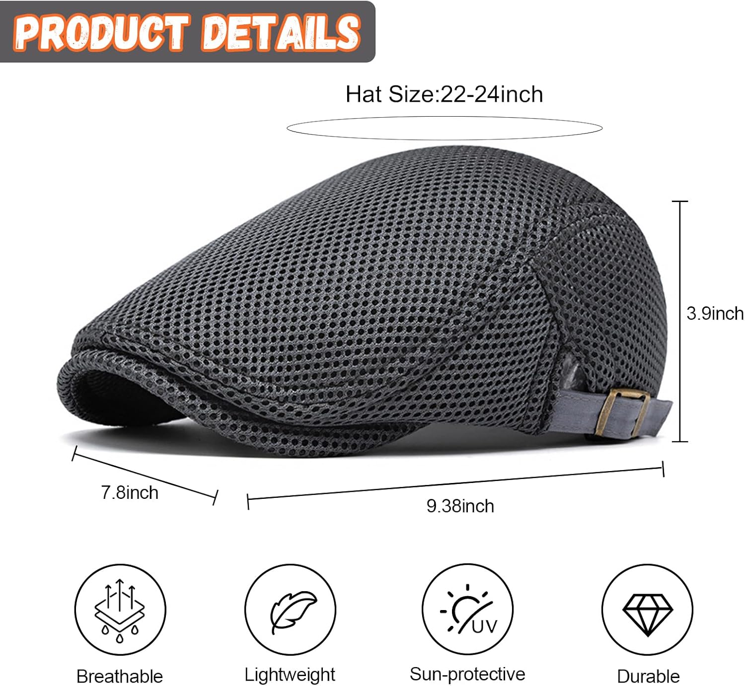 Esfoxex Men's Breathable Mesh Hat Summer Newsboy Beret Caps Adjustable Cabbie Driving Flat Cap