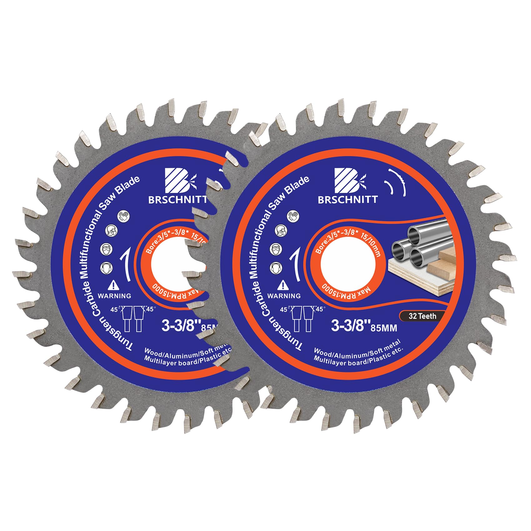 BRSCHNITT Circular Saw Blade 3-3/8 in 32T with 5/8-3/8" Arbor, Carbide Tipped Teeth, TCT Saw Blades for Cutting Various Wood, Aluminium,Copper,and Composite Materials(2pcs)