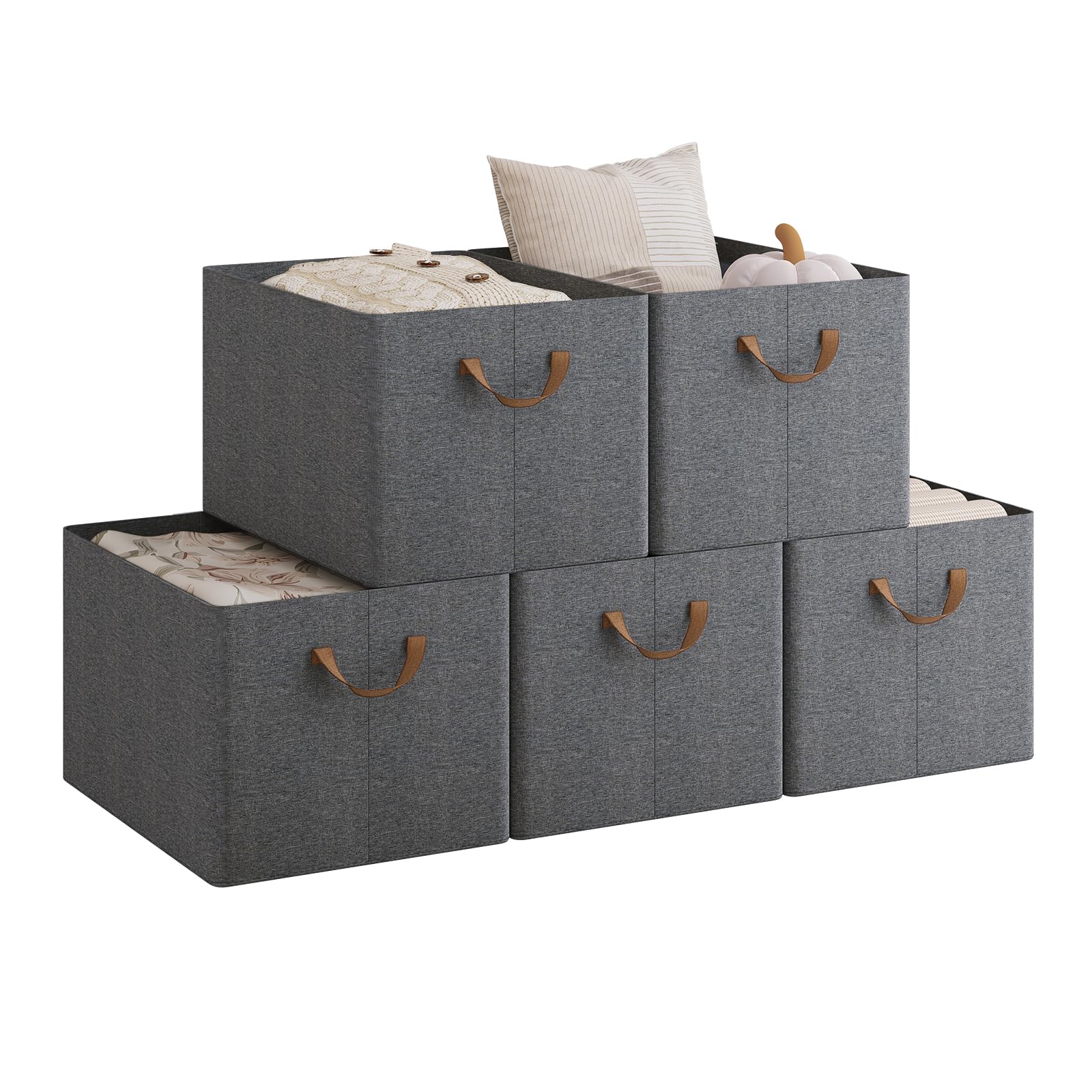WOLTU Aufbewahrungsbox 5 Stück, aus Polyesterstoff, für Schlafzimmer, Arbeitszimmer, Wohnzimmer, Organizer Box mit Griffen, für Kleidung Spielzeug, faltbar, Grau, 42x26x32 cm
