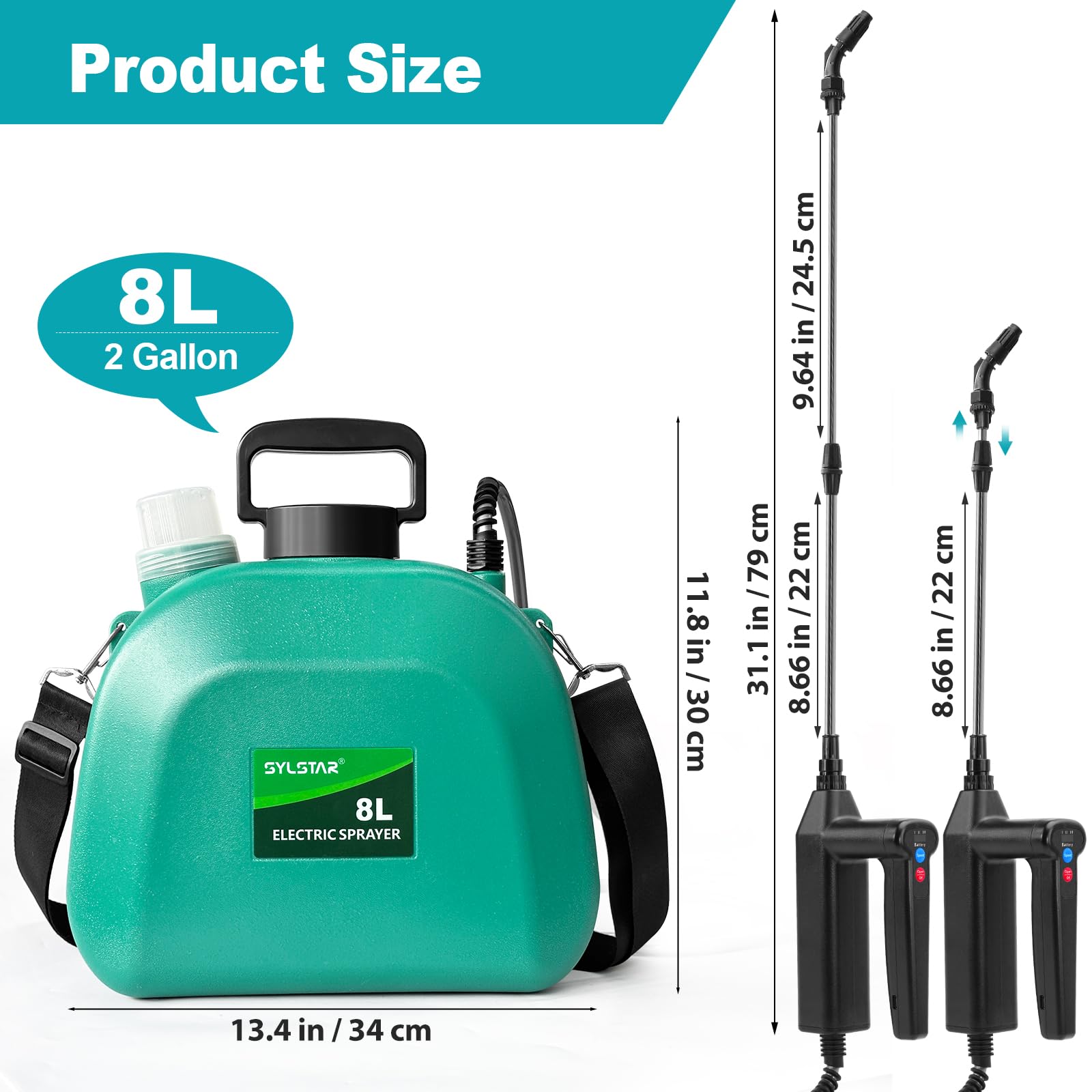 SYLSTAR Pulverisateur Electrique 8L 7.4V Jardin avec 4 Buses Reglables 3 Vitesses Canne Telescopique