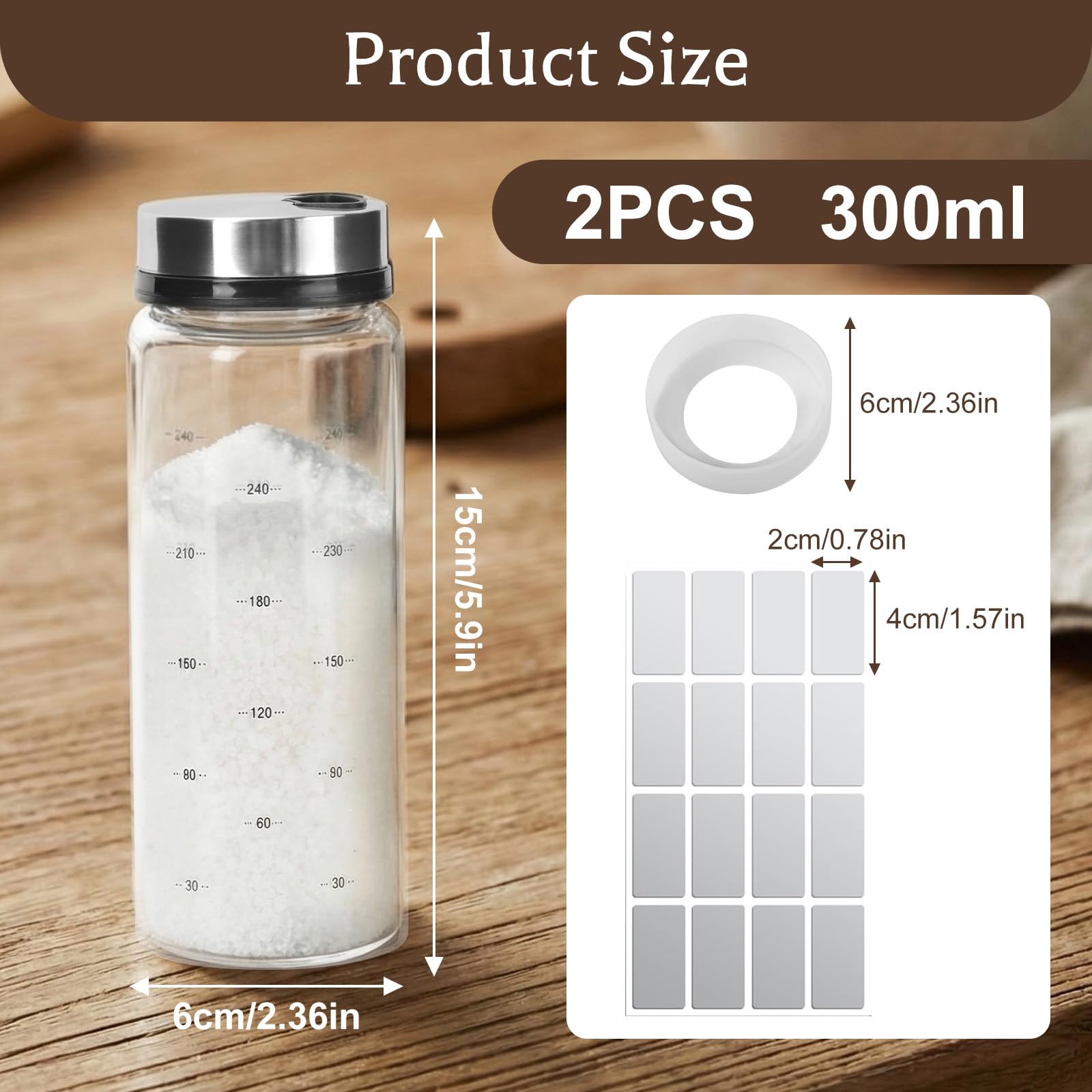 WRENYZK Solniczka i pieprzniczka z regulowanymi otworami do nalewania, 300 ml, z etykietą i spodkiem, szklane pojemniki na przyprawy z obrotową pokrywką, do kuchni, grilla, restauracji, 2 szt