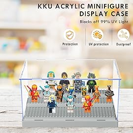 KKU 2 Pack Display Case for Minifigure Action Figures Blocks, Acrylic Minifigure Display Case Box Storage with 3 Movable Steps Gift for Kids Adults (Grey)