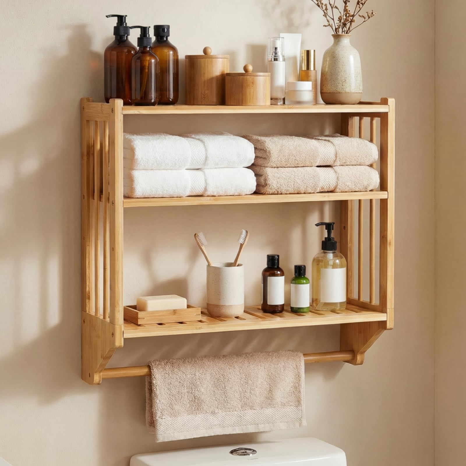 Goaste Over The Toilet Bathroom Storage Shelves, 3 Tier Wall Mounted Shelf Organizer, Floating Bamboo Towel Rack with Hanging Rod, Free Standing Shower Shelf with Adjustable Layer for Home Kitchen