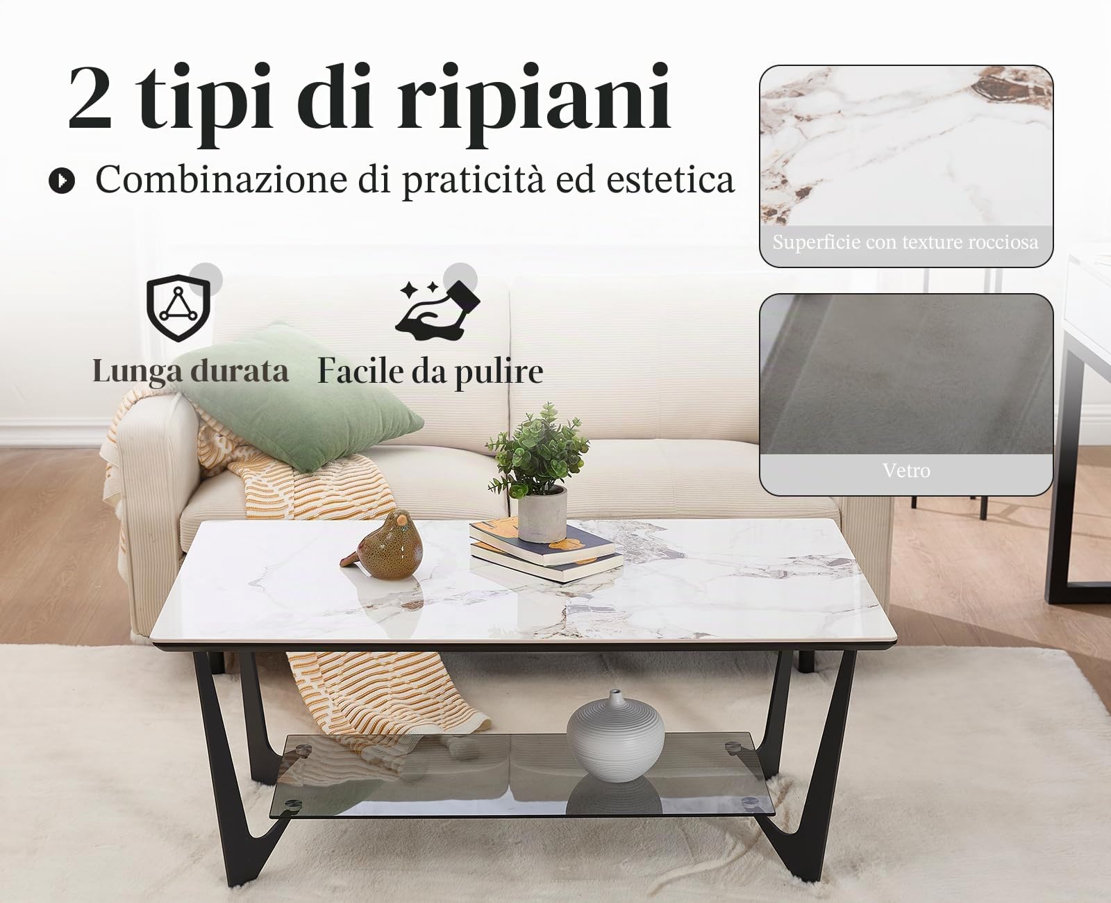 Ya-Home Tavolino Salotto Tavolino da Caffè Tavolino con Ripiano in Vetro Tavolino Basso da Divano Tavolo Salotto Moderno per Soggiorno/Camera da letto/Ufficio, Bianca