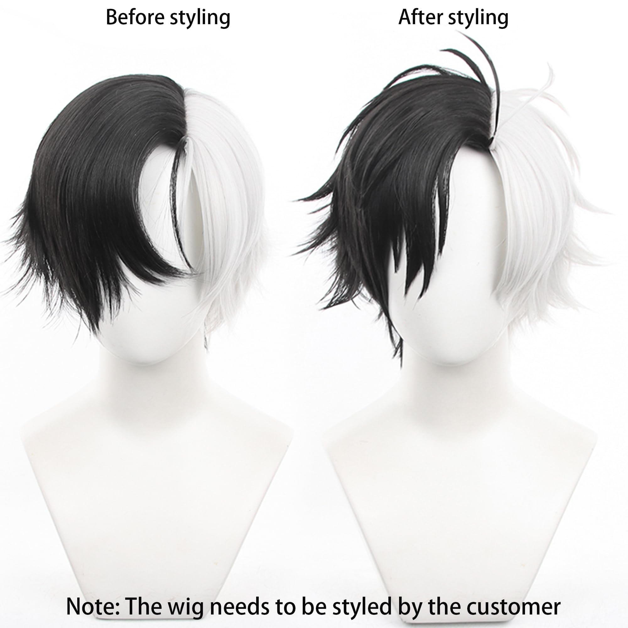 Half White Black Short Straight Wig Perfect Men Halloween Cos Anime Party Wigs with Heat Resistant Synthtic Costume Hairs - Image 2