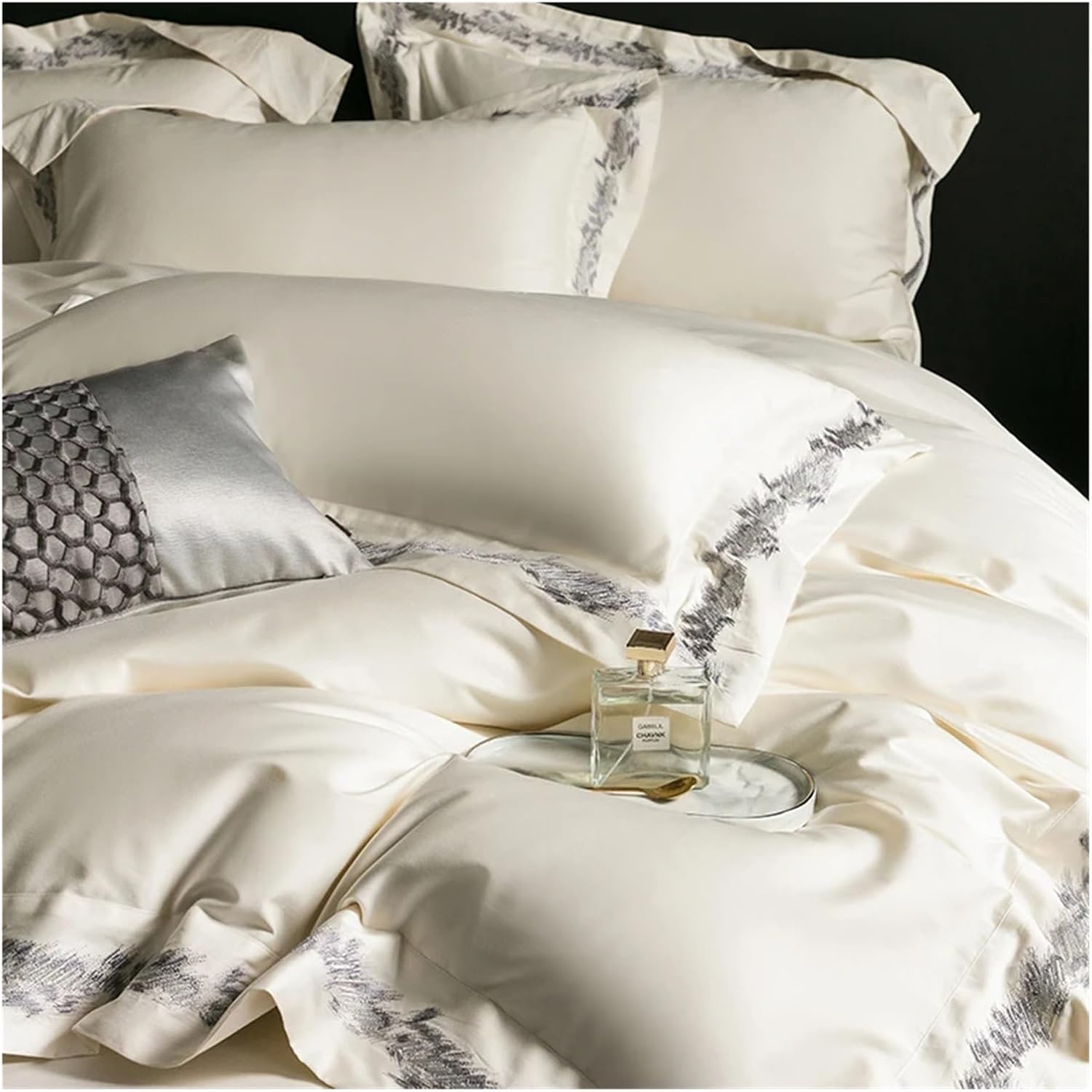 1000TC Egyptian Cotton Jacquard Embroidery Luxury Bedding Set Champagne Gold Black Patchwork Duvet Cover Bed Sheet Pillowcases,Bed