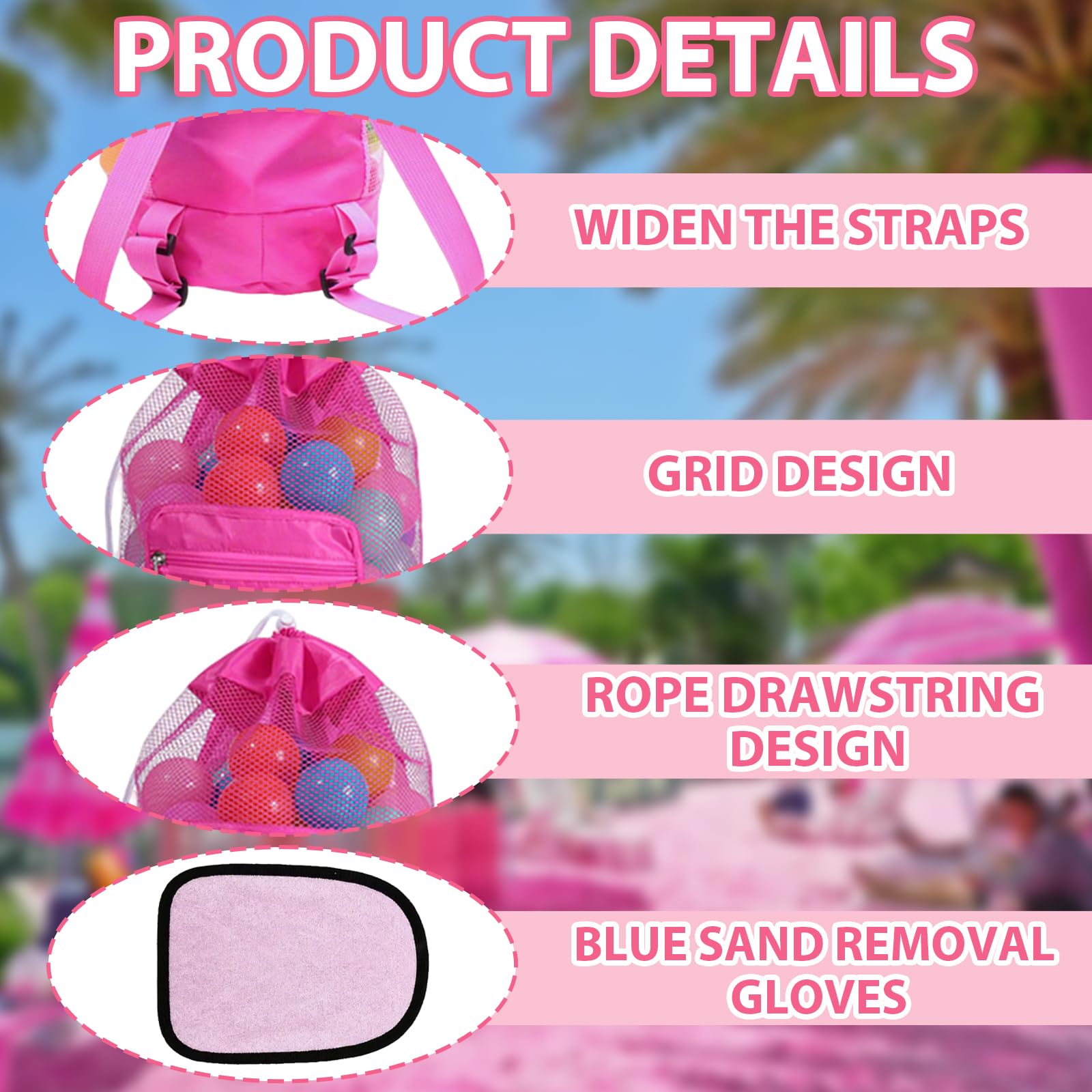 Grande Portatili Pieghevoli Giochi Borsa 48 * 24cm Borsa da Spiaggia Rosa Include 1 Guanto in Tessuto a Rete per Giocattoli di Sabbia per Giochi con Borsai per Spiaggia Vacanze Viaggi
