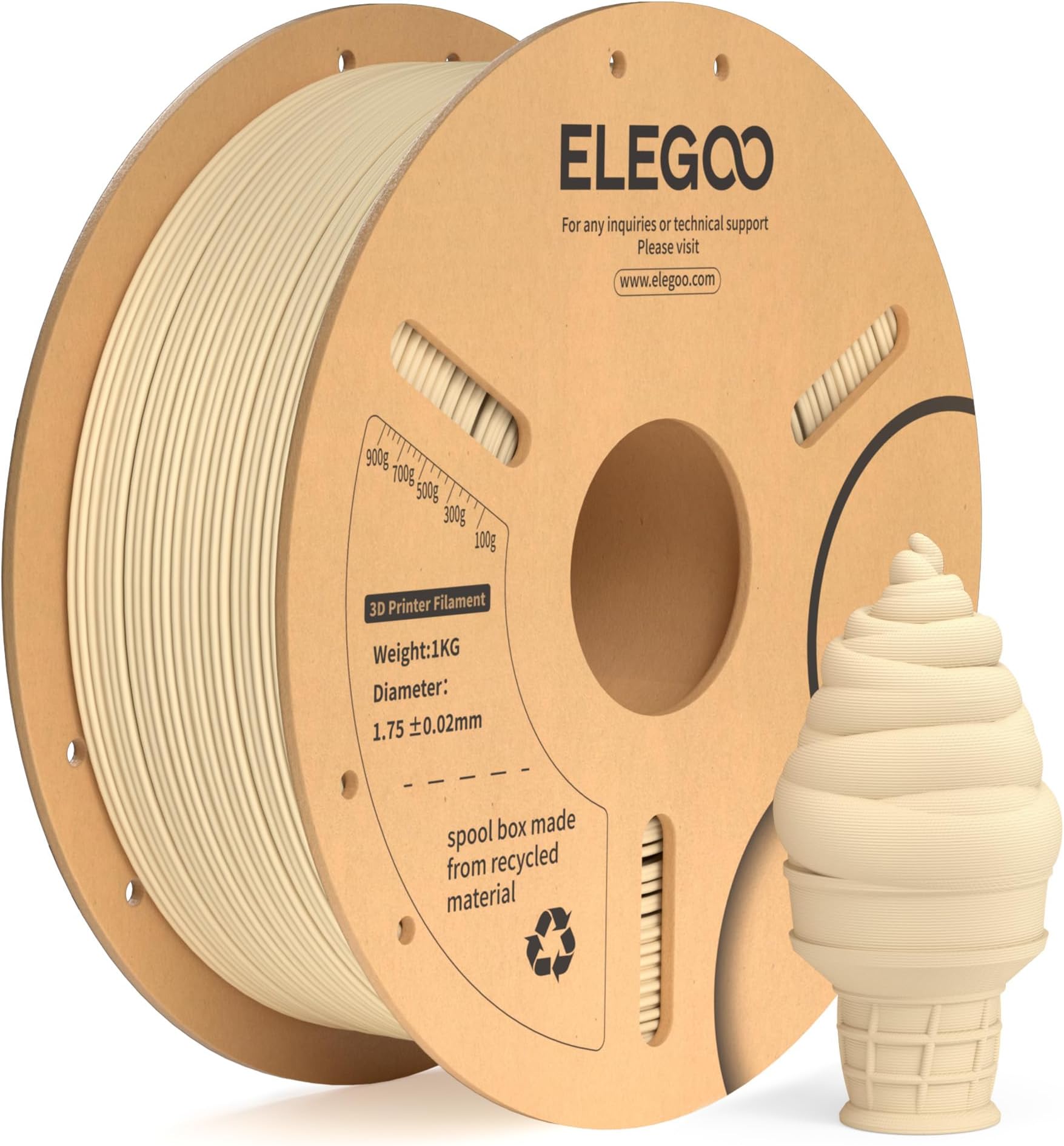 ELEGOO PLA+ Filament 1.75mm Beige 1KG, PLA Plus Tougher and Stronger 3D Printer Filament, Dimensional Accuracy +/- 0.02mm, 1kg Cardboard Spool(2.2lbs) Fits for Most FDM 3D Printers