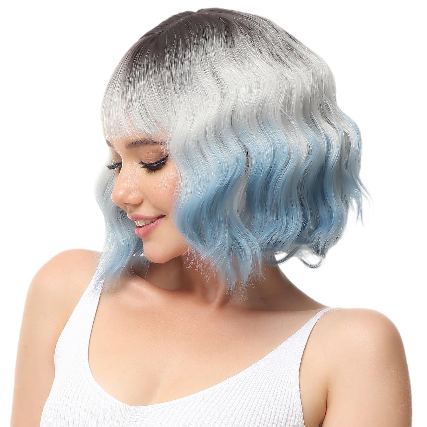 New Shoulder Length Wavy Bob Wig with Bangs Natural Ombre Silver  Yamel Wavy Bob Wig with Bangs Natural Ombre Silver Blue Wig  main image 3