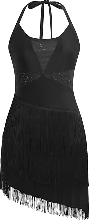 Sparkly Tassel Latin Dance Dress for Women Halter Asymmetric Fringe Flapper Dresses Mesh Salsa Tango Ballroom Dance Costume