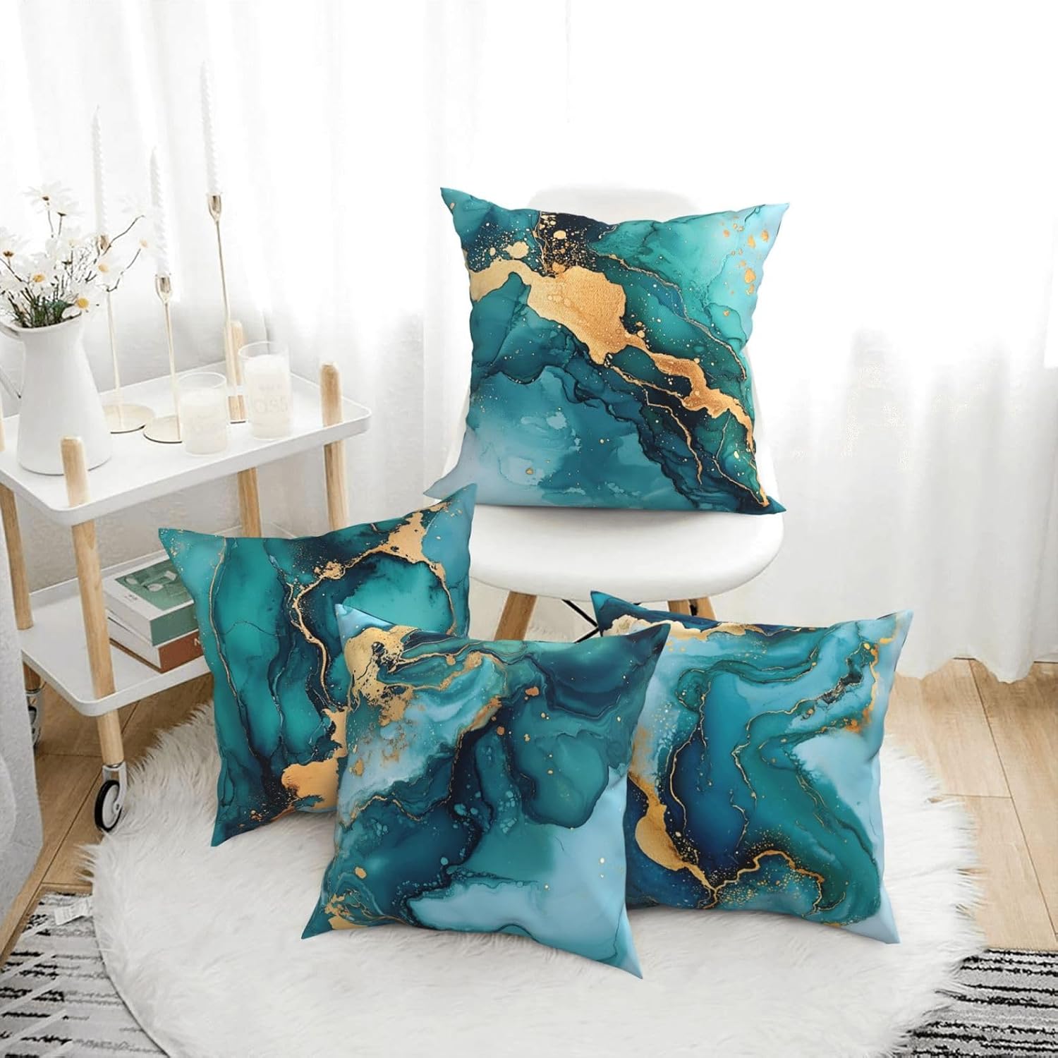 FREEHOTU 4 PCS Throw Pillow Covers 18x18 Inch, Gold Turquoise Marble Cushion Cases Home Decorations for Couch Sofa Living Room
