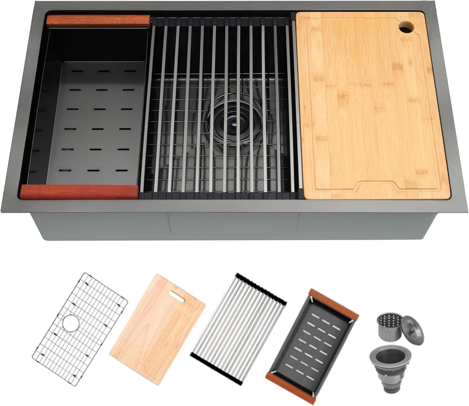 32 Inch Black Kitchen Sink, Black Undermount Kitchen Sink, 16 Gauge Stainless Steel Sink, 10 Inch Deep Single Bowl Sinks Handmade Workstation Sink For Modern Kitchen