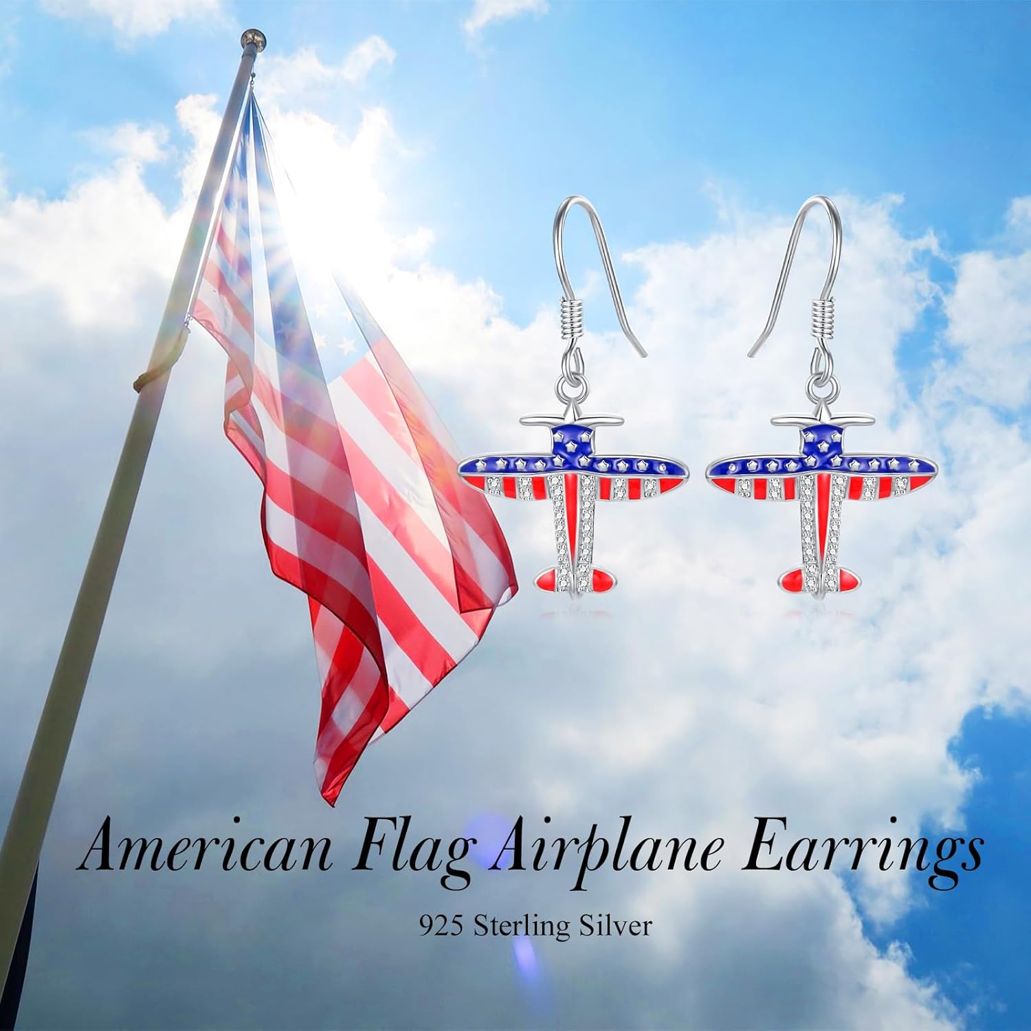 American Flag Airplane Earrings 925 Sterling Silver Flag Airplane Earrings Dangle Jewelry Gifts for Women - Image 6