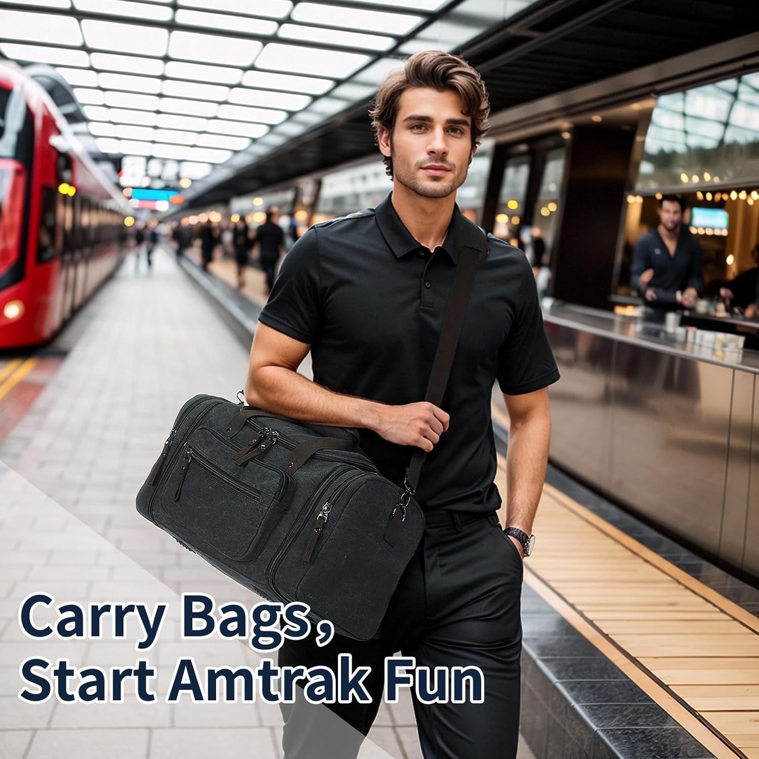 Expandable Canvas Duffel 50cm-58cm, Sturdy Zipper and Reinforced Handles, Lightweight Carry-On Weekender Bag for 3-5 Day Trips, Black