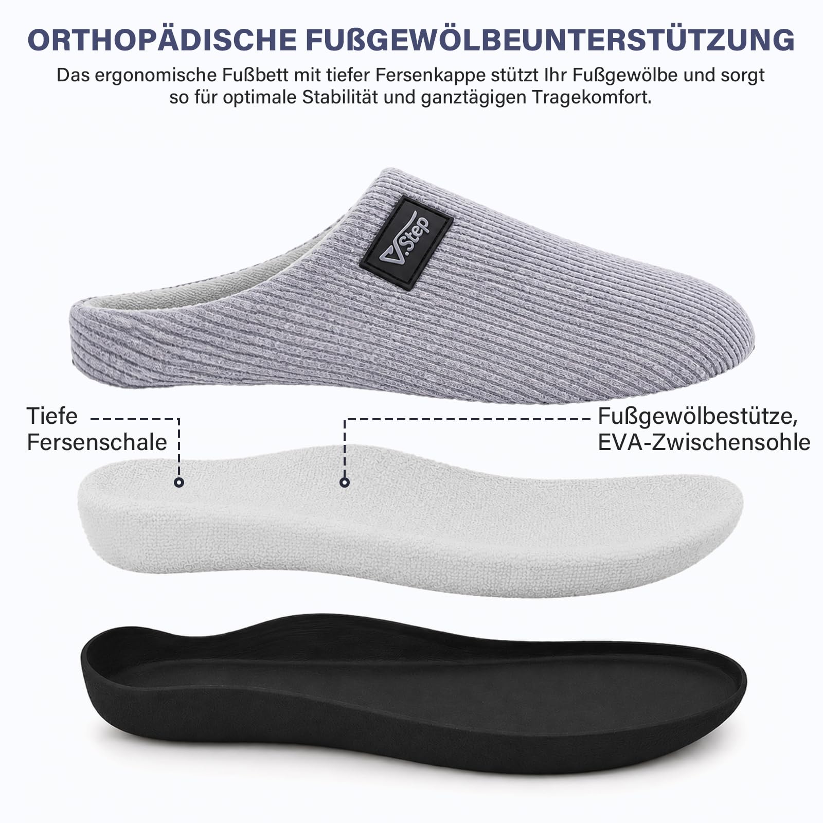 V.Step Orthopädische Hausschuhe gegen Plantarfasziitis mit Fußgewölbestütze