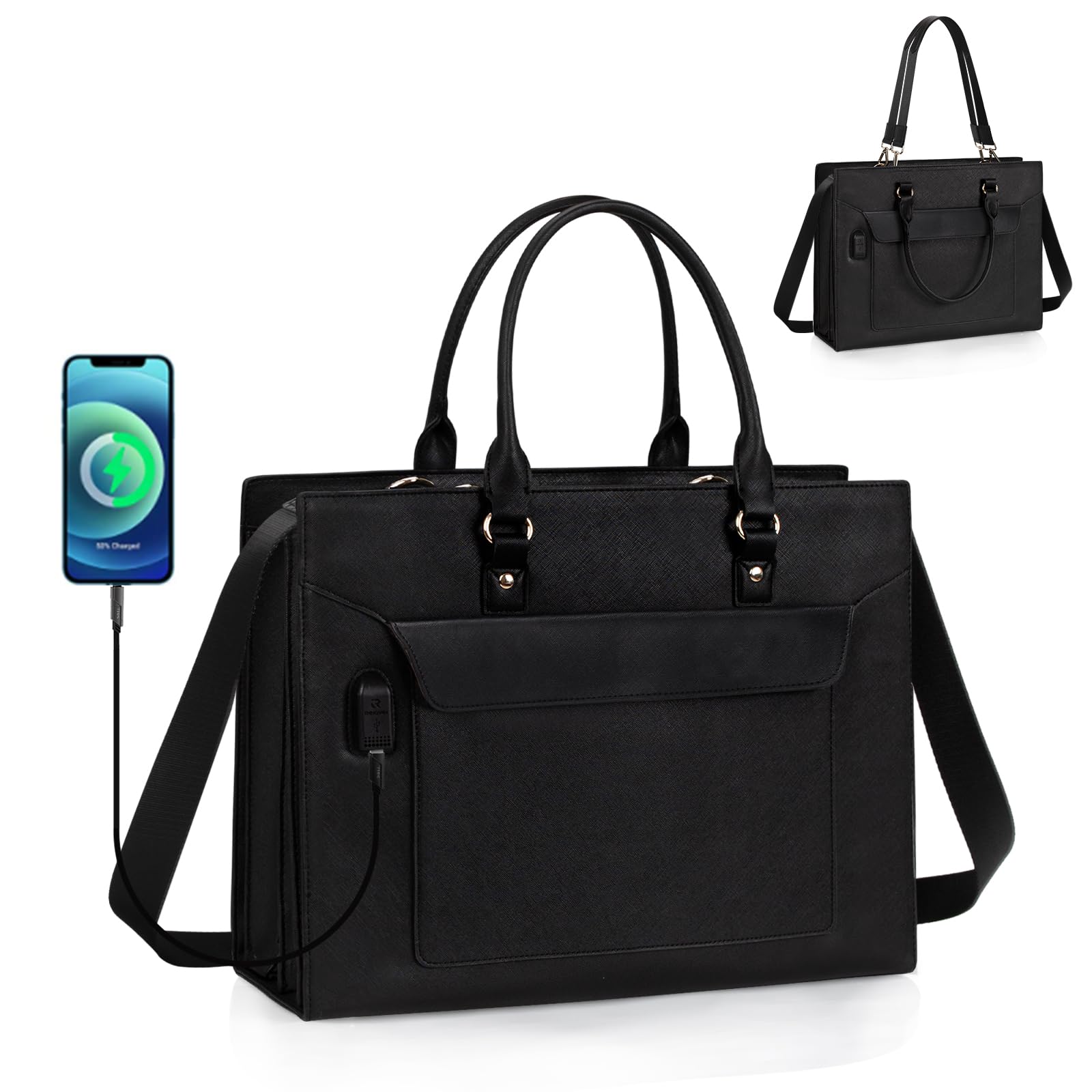 Laptop Bag for Women, 17 Inch Laptop Tote Bag, Leather Work Bags for Women, Large Capacity Laptop Briefcase Computer Tote Bag with USB Port, Business Office Bag Teacher Tote Bag Shoulder Bag