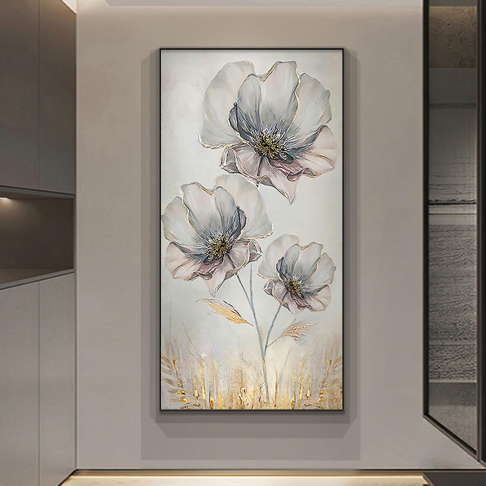 Peinture d'art mural sur toile grand format, trois fleurs modernes sans cadre