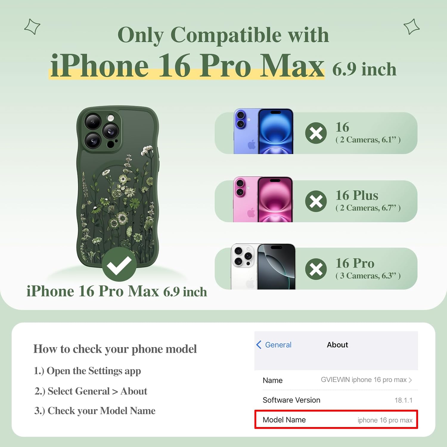 GVIEWIN for iPhone 16 Pro Max Case Compatible with MagSafe [Curly Wave Edge][Full Camera Protection] Floral Translucent Shockproof Magnetic Women Phone Case for 16 Pro Max, Floratopia/Forest Green