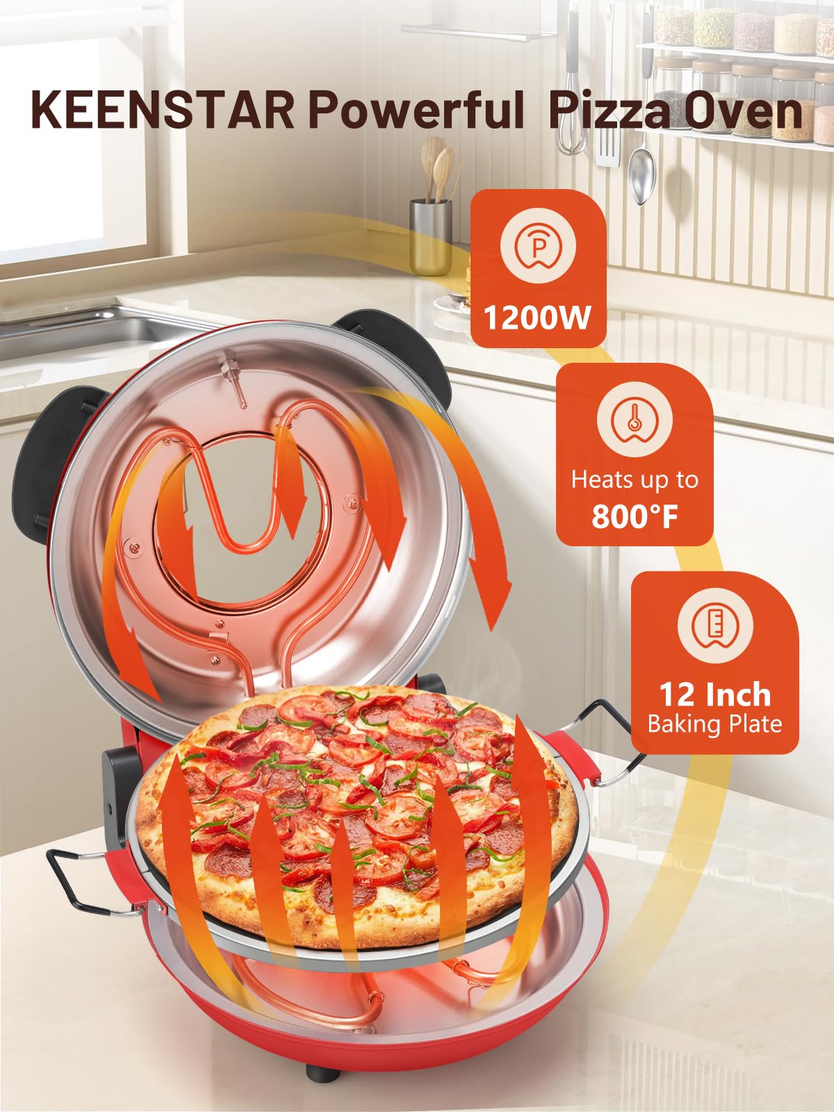 KEENSTAR Electric Pizza Oven Indoor with Glazed Ceramic Stone, 12-Inch Portable Countertop Pizza Maker with Adjustable Timer, 1200W Heat up to 800°F Pizza Maker with Viewing Window for Home DIY Pizza - Detailed View