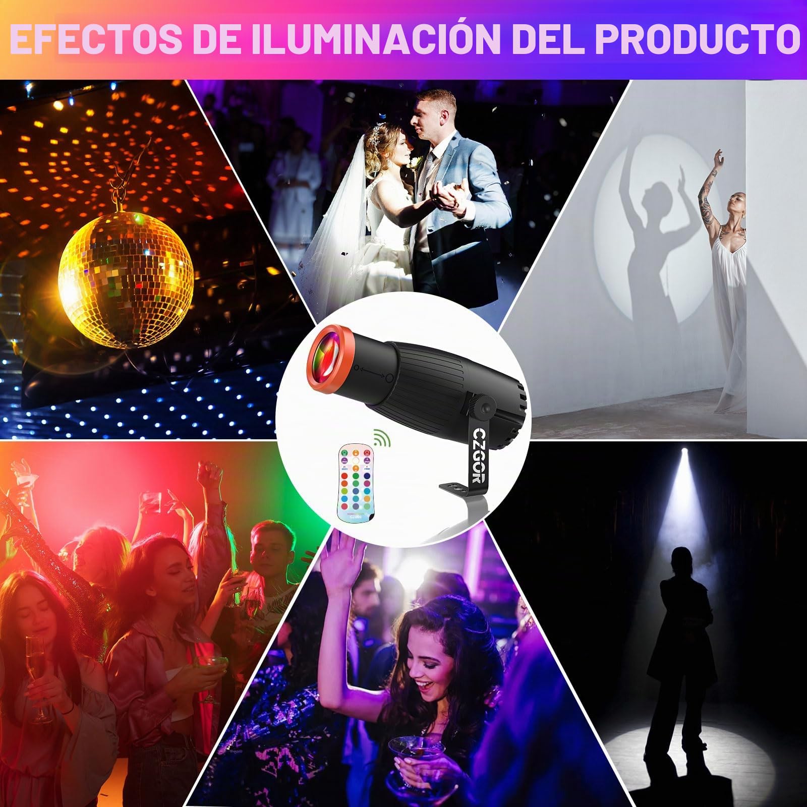 Luces Pinspot, Czgor Focos De Disco De Enfoque Manual, Luces Altas 16 Color LED 18W RGBW 4 En 1, Columnas Guía De Luz Súper Brillantes, Iluminación Efecto Escenario para Bola Discoteca Fiesta DJ Boda