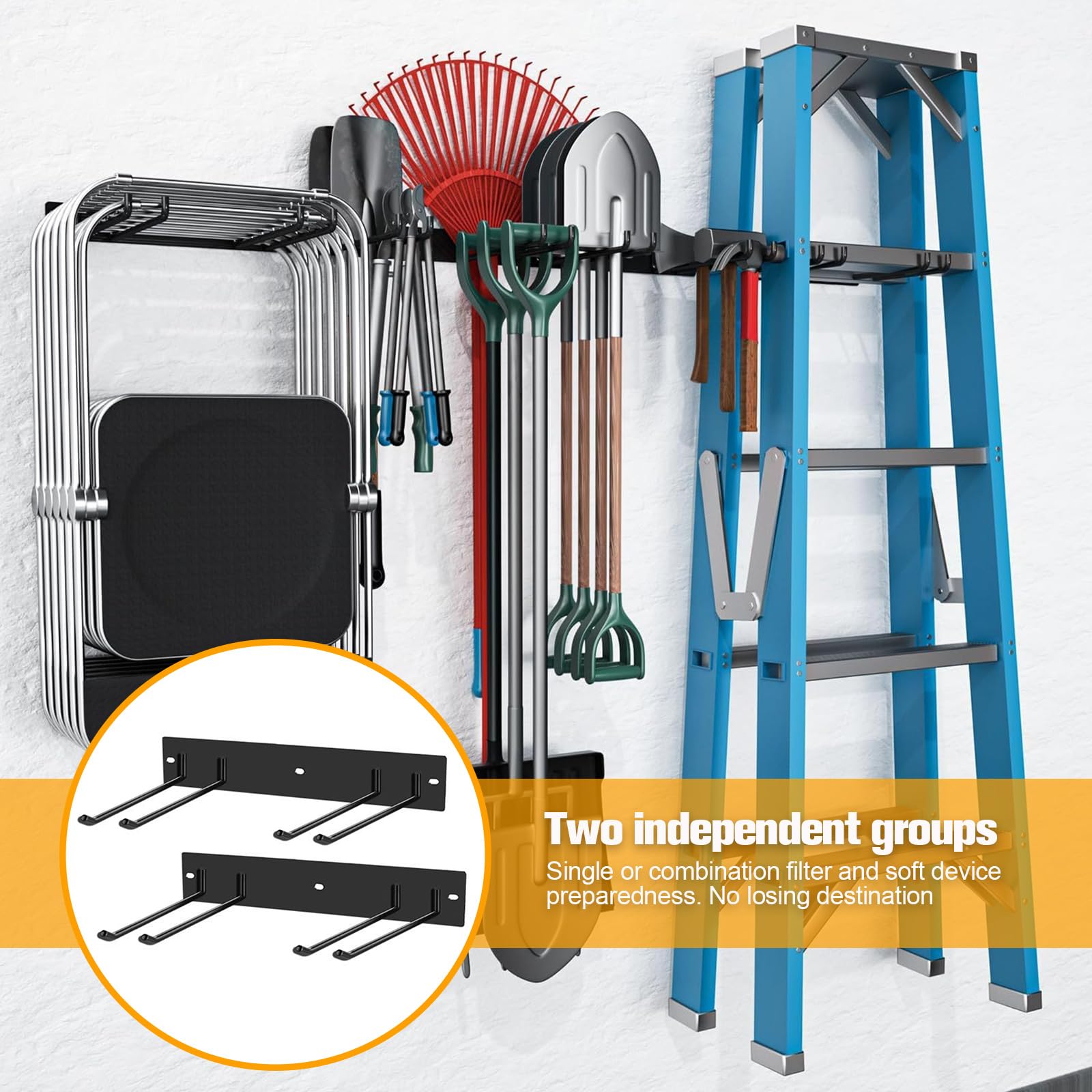 WMLBK Supporto da parete in metallo con 4 ganci doppi e 2 pannelli, portata 100 kg, per pale, scope, rastrelli e attrezzi da giardino in garage, giardino, cantina