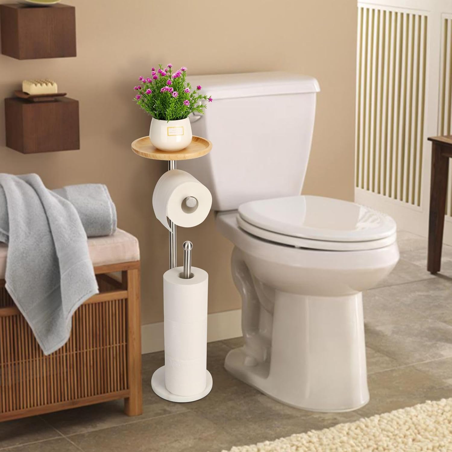 Toilet Paper Holder Stand with 7.9" Big Bamboo Tray, 2.2Lbs Heavier Marble Base, Floor Standing Paper Holder Stand with Phone Shelf, Reserve for 4 Rolls (Brushed Nickel)