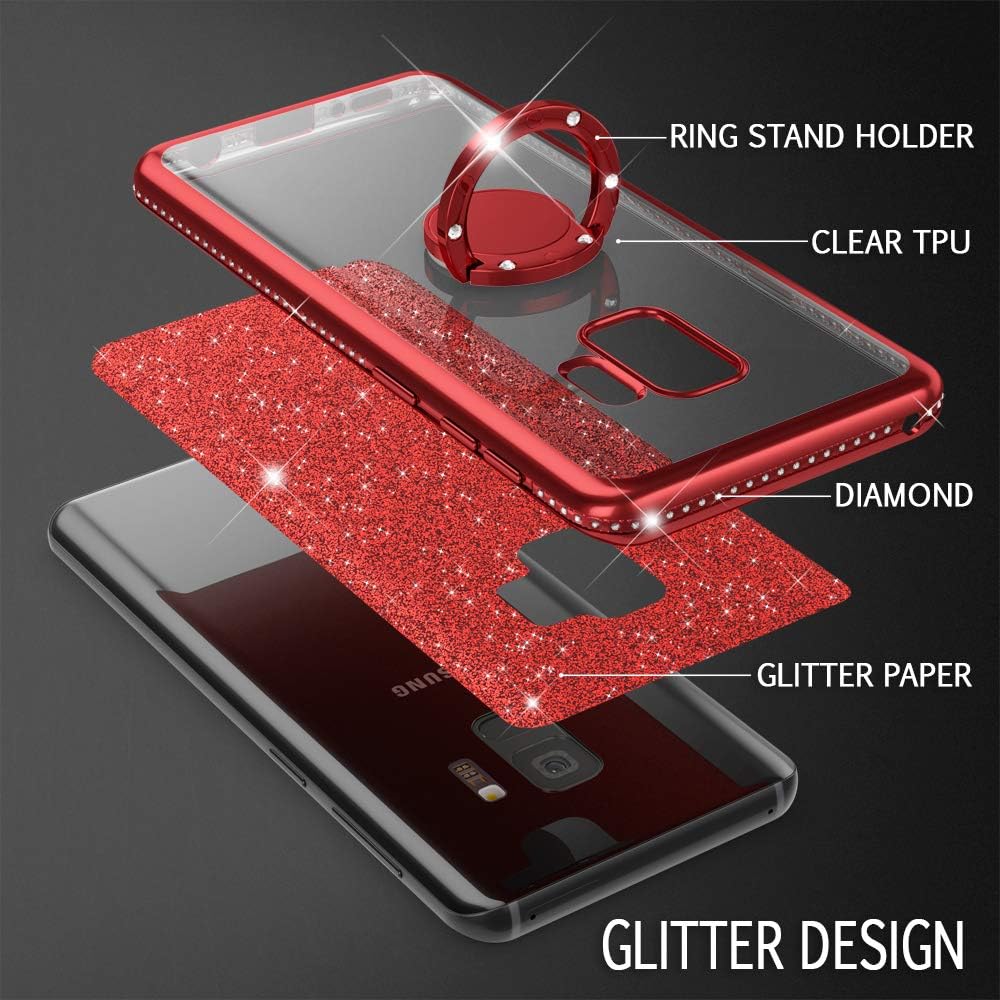 NALIA Ring Case Compatible with Samsung Galaxy S9, Glitter Shiny Protective Finger Grip Silicone Cover with Ring Stand Holder 360 Degree, Thin Sparkle Skin Shock-Proof Slim Protector, Color:Rose Gold