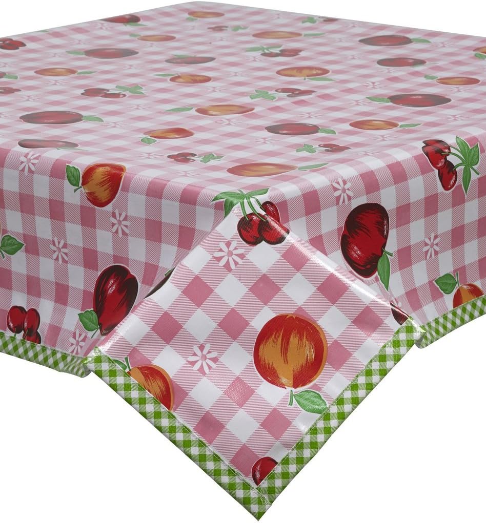 Fruit and Pink Gingham Oilcloth Tablecloth with Lime Gingham Trim You Pick The Size