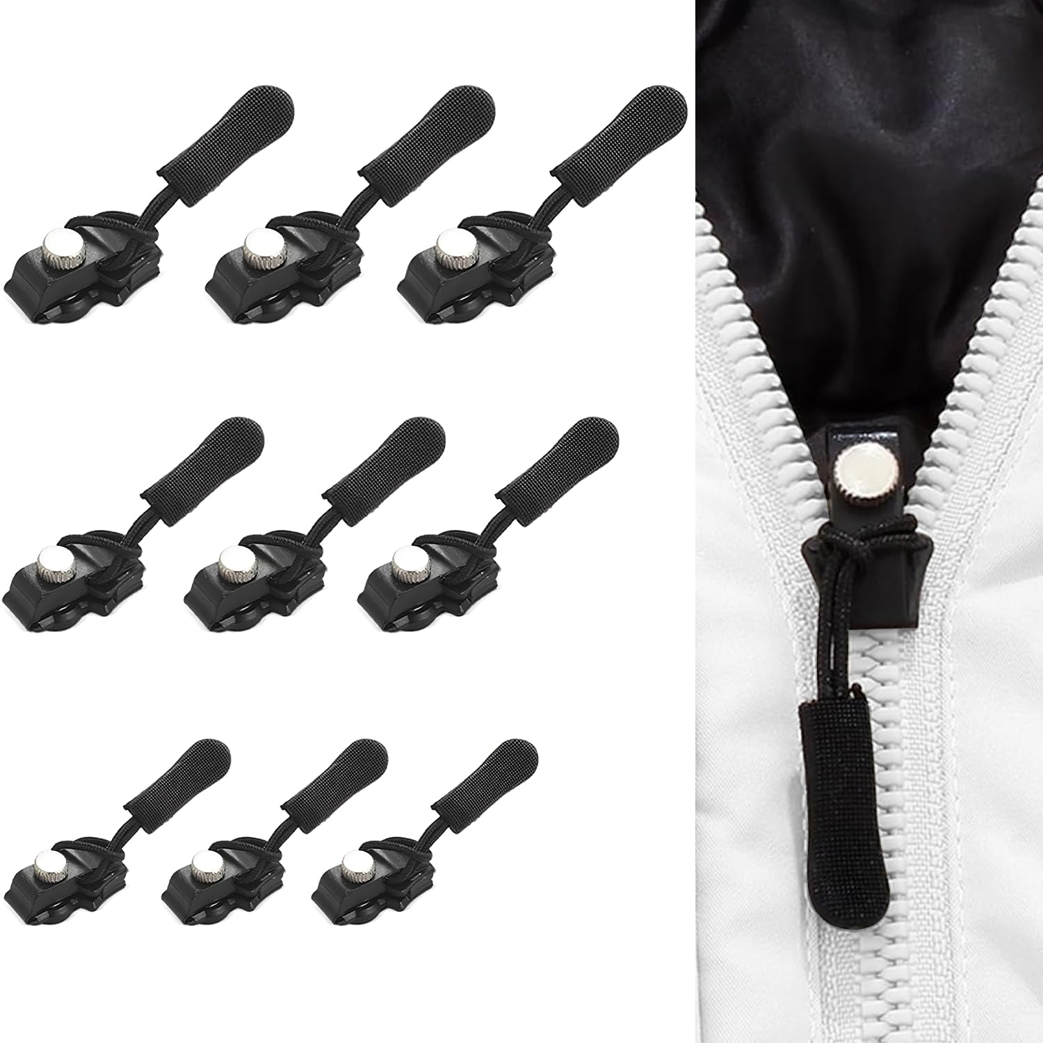 TecoKart® 9Pcs Removable Zip Puller, Zipper Repair Kit with Nylon Pull Tabs Cords Clothing Fixer Tool Replacement Metal Zipper Pull for Sliding Teeth Universal Screw Fix Zip Puller for Bags, Garments