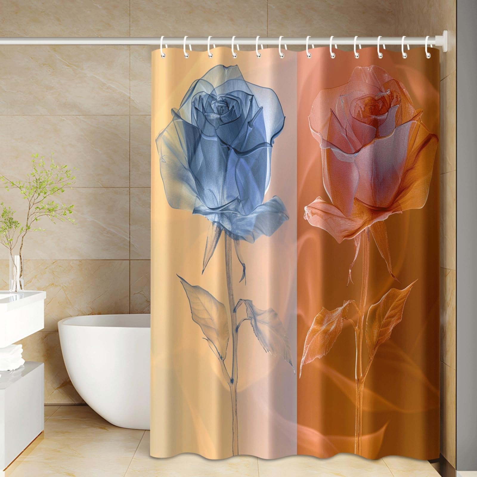 Tenda Doccia Fiore Arancione Blu Tenda Doccia Antimuffa Impermeabile Poliestere Lavabile con 12 Ganci Facile da Installare Tende Finestra Bagno per Dormitorio Hotel(180x220cm)
